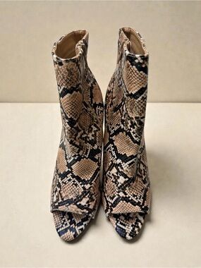 Fashion Nova Beige and Black Snake-Print Peep Toe Ankle Booties